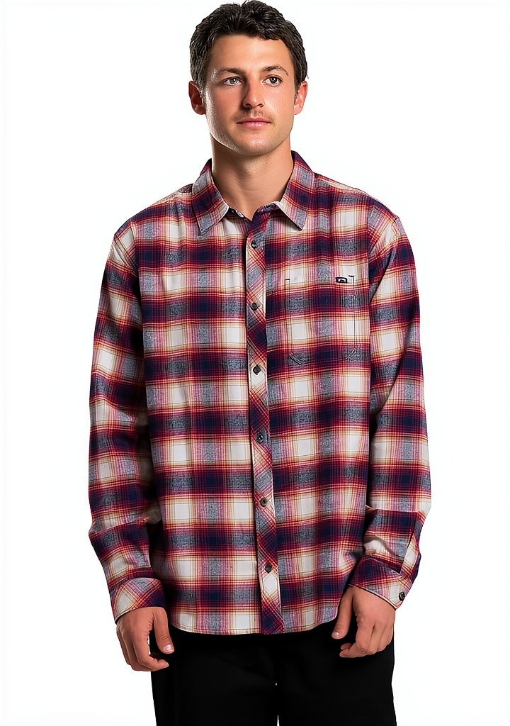 Billabong men's button-up shirt in Plum color on a hanger