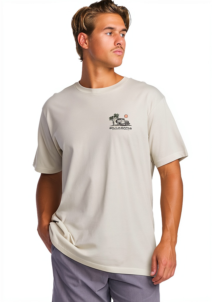 Billabong organic cotton t-shirt in Chino color on a man outdoors