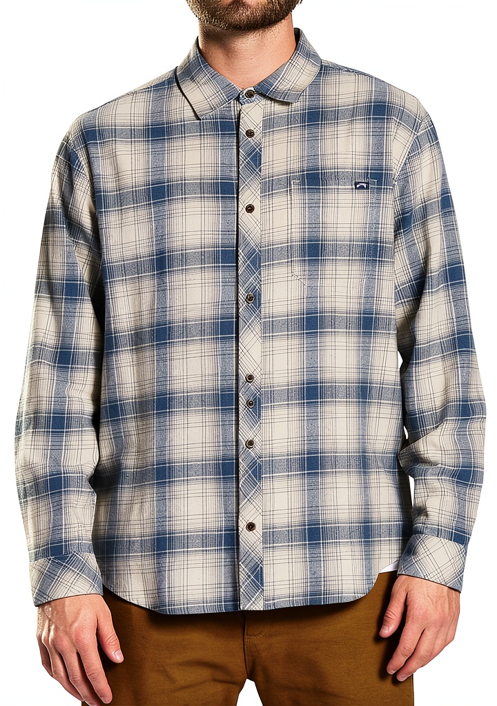 Billabong stretch flannel shirt displayed on a wooden table with accessories