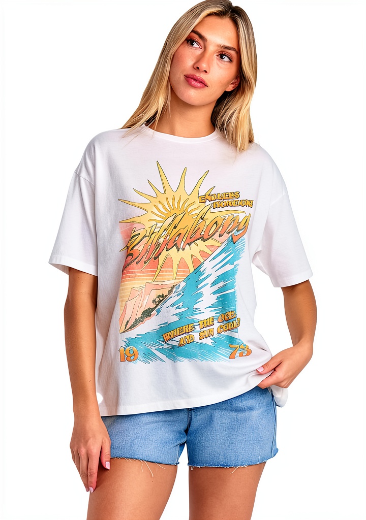 Billabong womens t-shirt in Stencil Wash color on a hanger