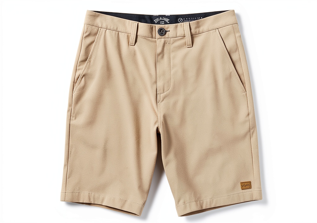 Billabong Hybrid Shorts Mens Flat Front Design Comfort Fit laid out on a wooden workbench with a measuring tape and a handheld fabric tester
