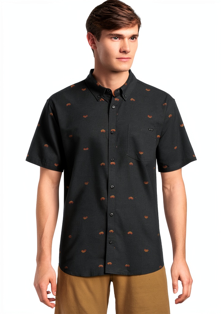 Billabong All Day Jacquard Short Sleeve Shirt in Deep Blue color on a man in a casual setting